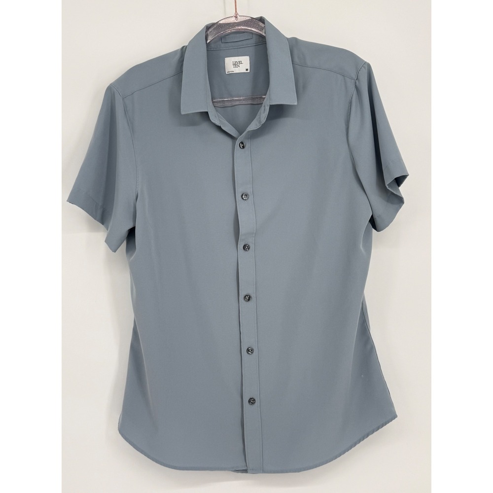 Level Ten Mens Short‎ Sleeve Button Down Shirt Slate Blue Modern Sz M